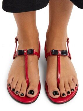 Italian Shoemakers Red Sandals Black Bow Slide Made In Italy Beach Summer Sz 6.5